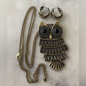Vintage Looking Gold Colored Long Owl Necklace and Small Hoop Earrings